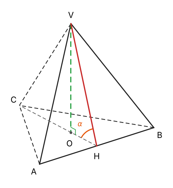 Tetraedro regolare VABC di spigolo s. H è il punto medio di AB, O è il centro del triangolo di base ABC e VO è l'altezza. L'angolo alfa è l'angolo VHO.