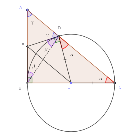 Triangolo ABC retto in B, circonferenza di diametro BC, punti D ed E, con angoli alfa, beta, gamma evidenziati